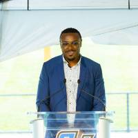 Brandon Carr speaking at the Jamie Hosford Football Center dedication.